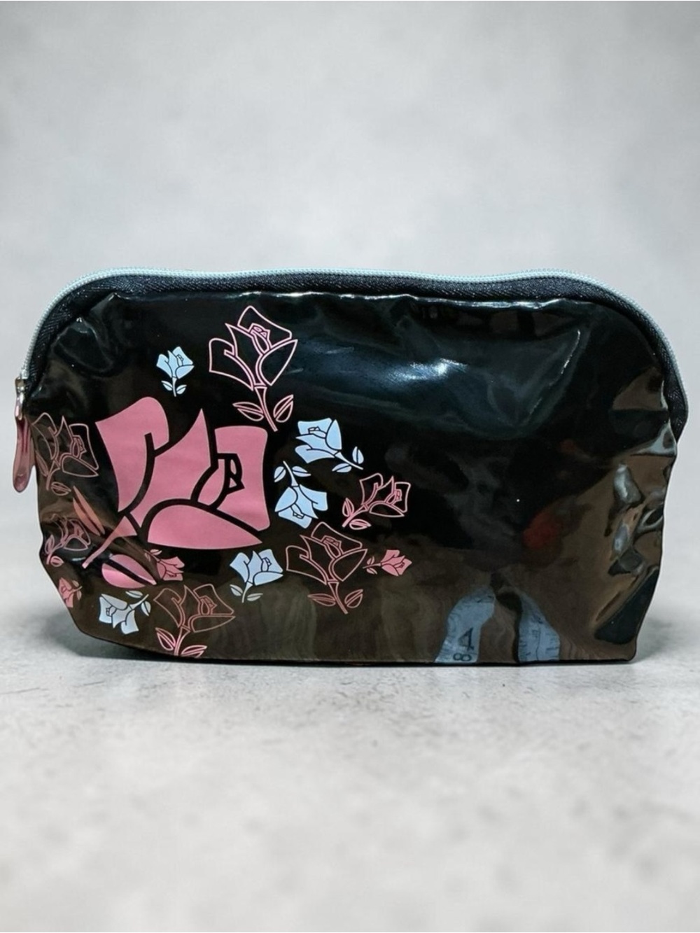 Lancôme Patent Floral Makeup Bag Cosmetic Pouch Travel Case Black Pink